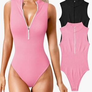 Pink and Black Zipper Front Sexy Ribbed Streched Bodysuit Set